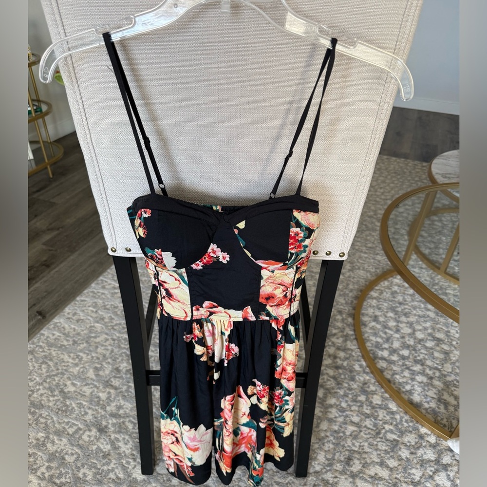 Band of Gypsies Floral Mini Dress Black Bustier Smocked Back Size M